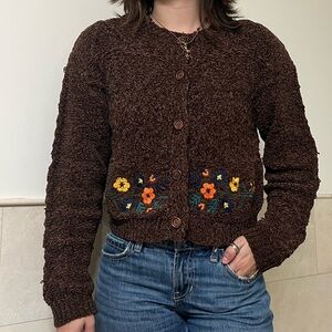 Brown Knit Cardigan with Floral Embroidery